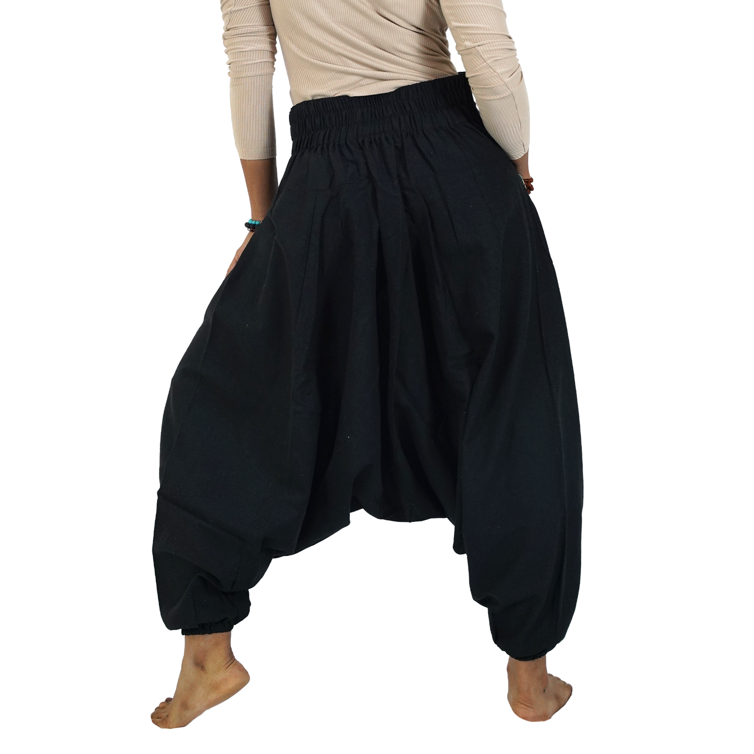 Black Aladin Harem Pants Elastic Back Side