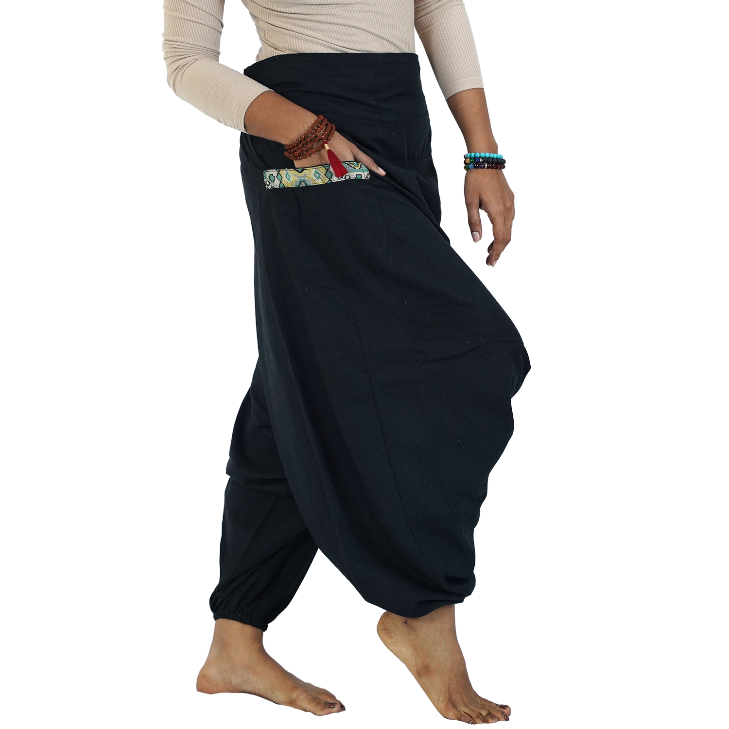 Black Aladin Harem Pants Elastic Back Side