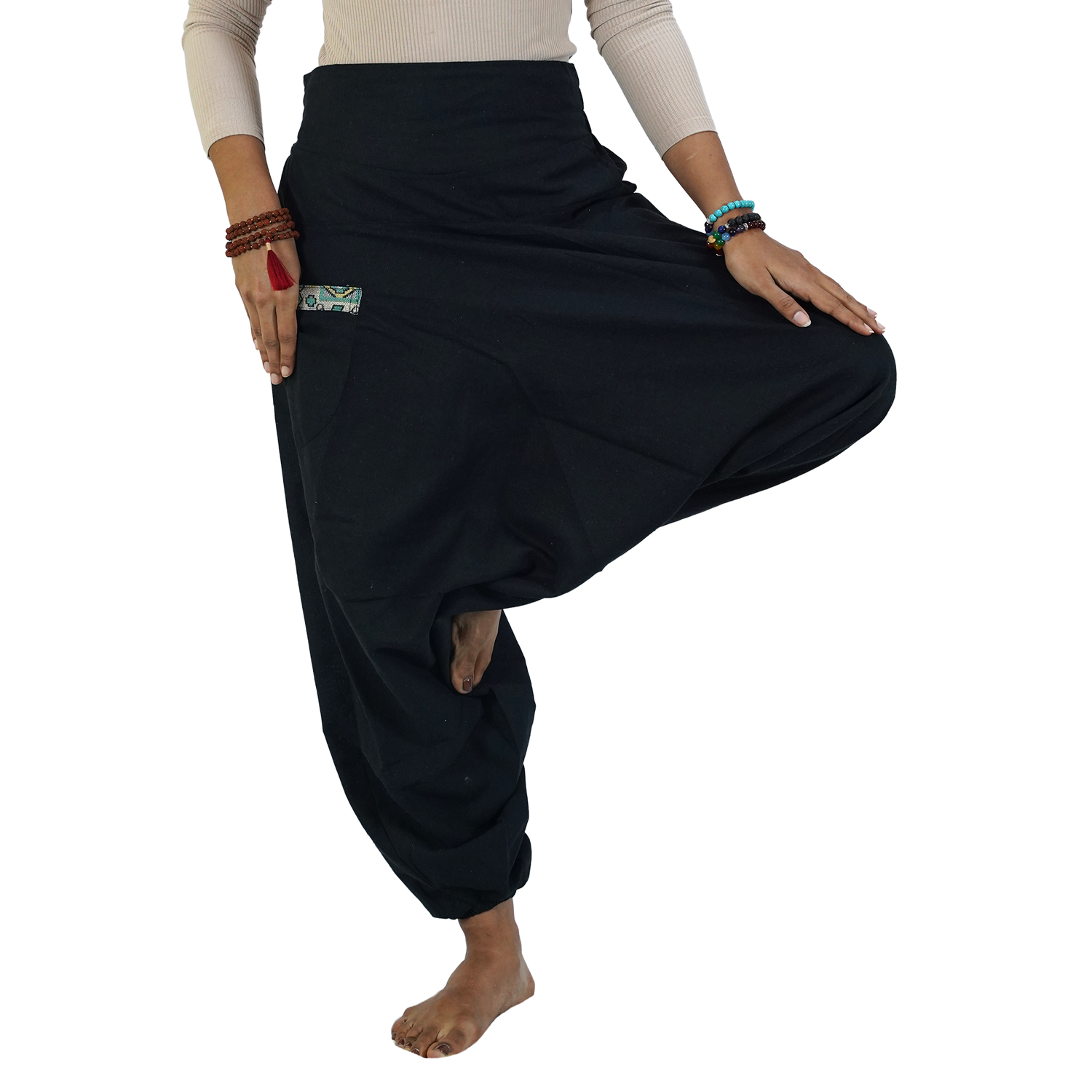 Black Aladin Harem Pants Elastic Back Side
