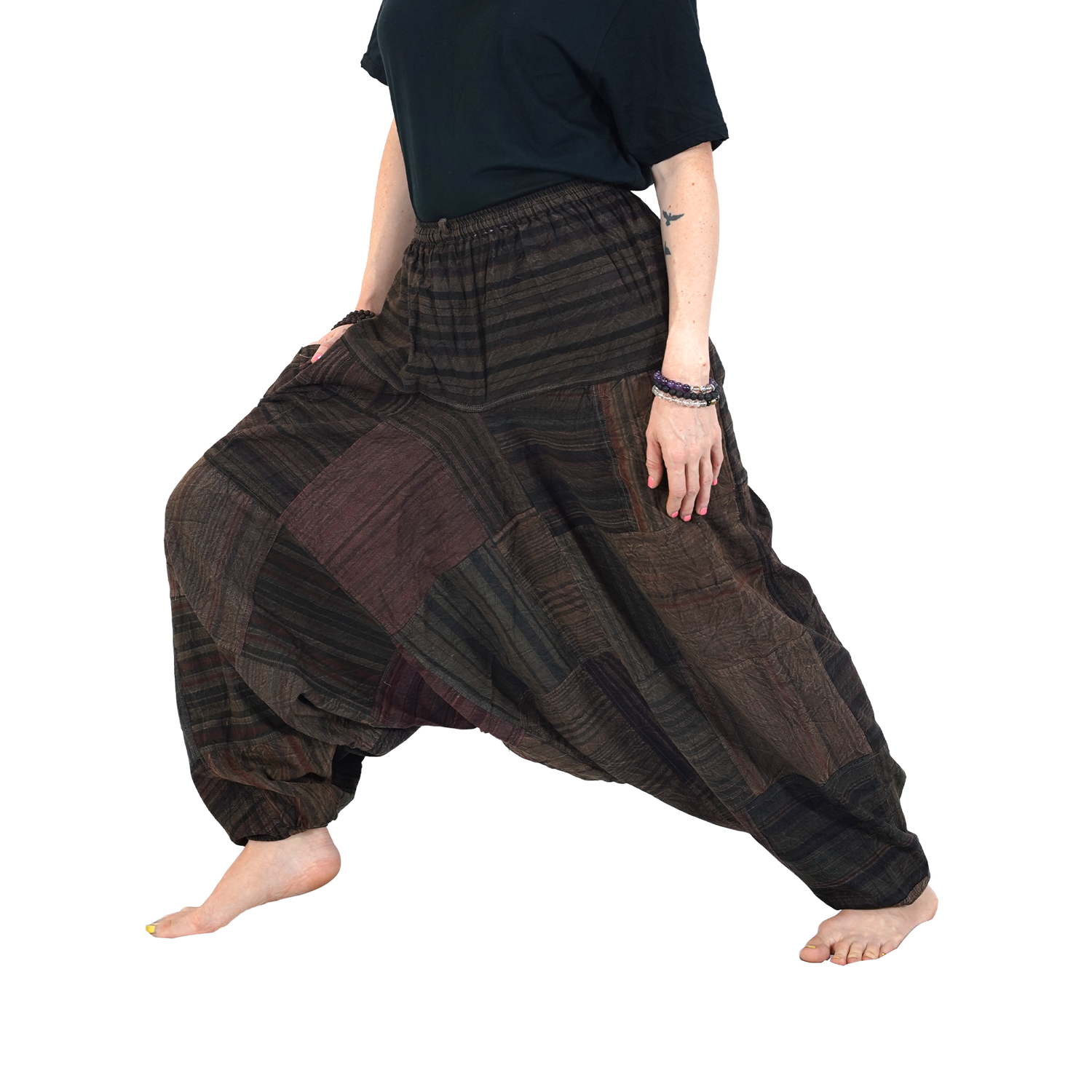 Dark Brown with Black Stripes Classic Drop Crotch Harem Premium Patch Pant