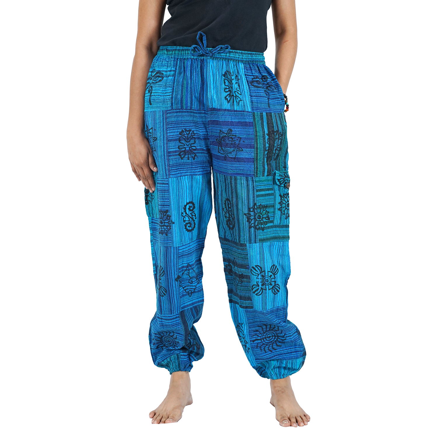 Peacock Blue Black Stripes Classic Straight Harem Premium Patchwork Pants