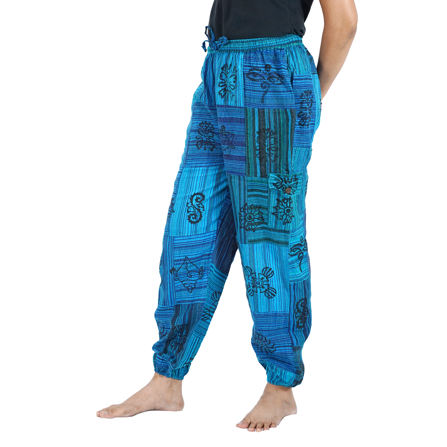 Peacock Blue Black Stripes Classic Straight Harem Premium Patchwork Pants