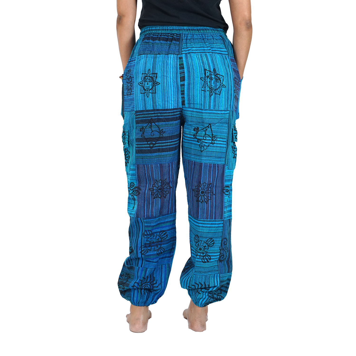 Peacock Blue Black Stripes Classic Straight Harem Premium Patchwork Pants