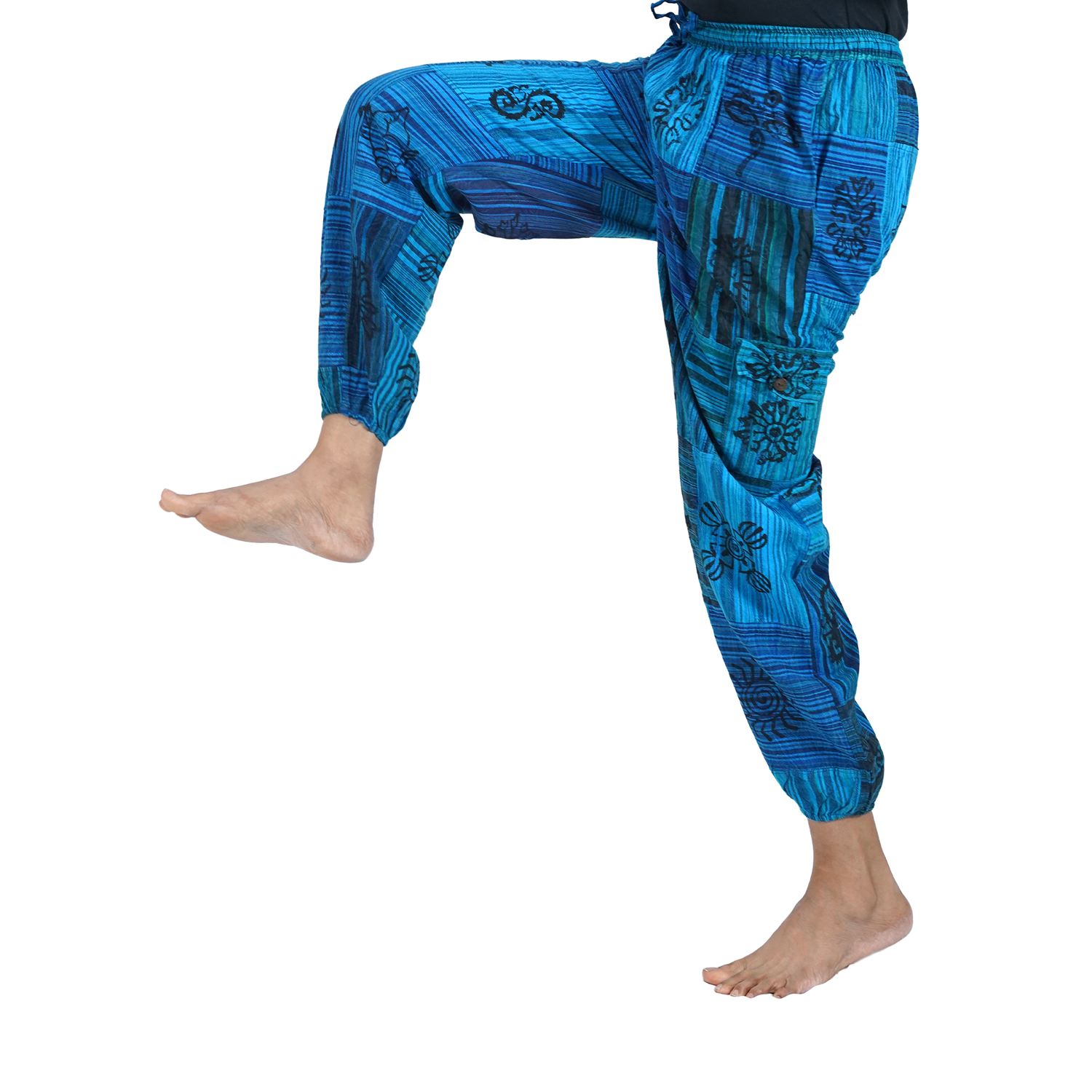 Peacock Blue Black Stripes Classic Straight Harem Premium Patchwork Pants