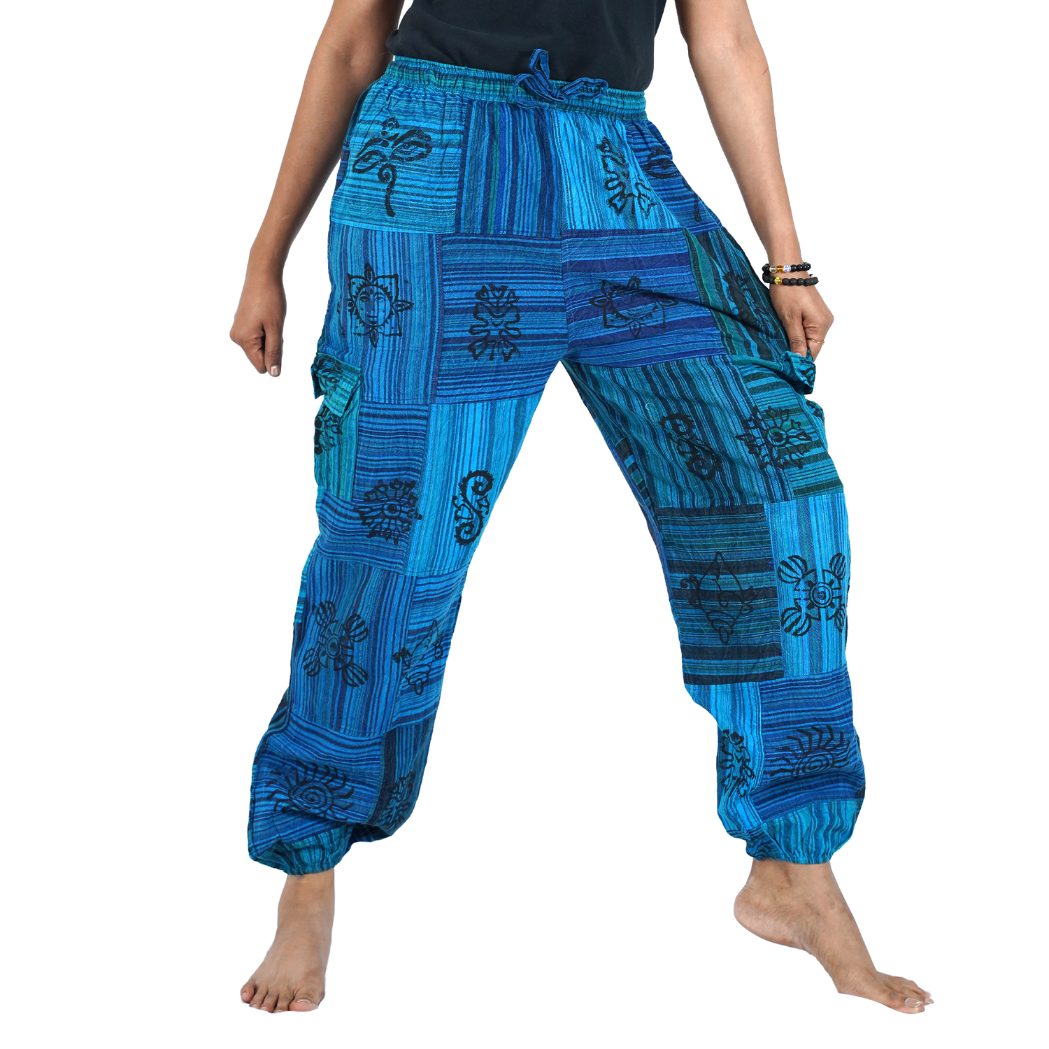 Peacock Blue Black Stripes Classic Straight Harem Premium Patchwork Pants
