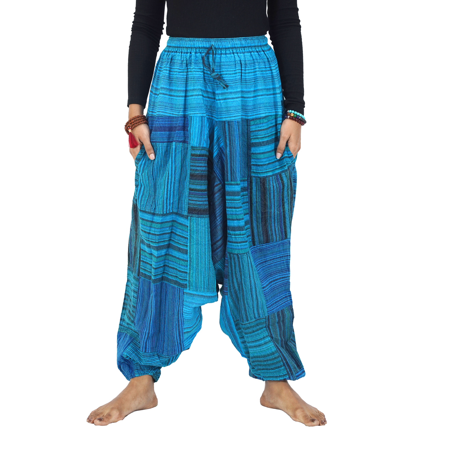 Blue with Black Stripes Classic Drop Crotch Harem Premium Patch Pant