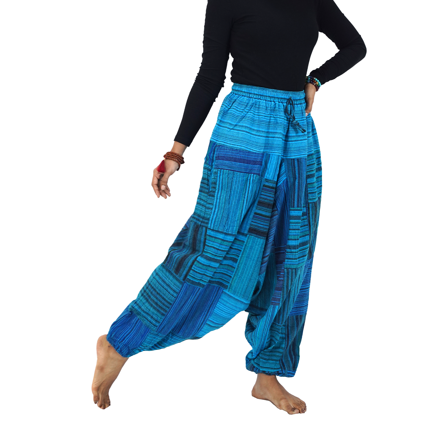 Blue with Black Stripes Classic Drop Crotch Harem Premium Patch Pant