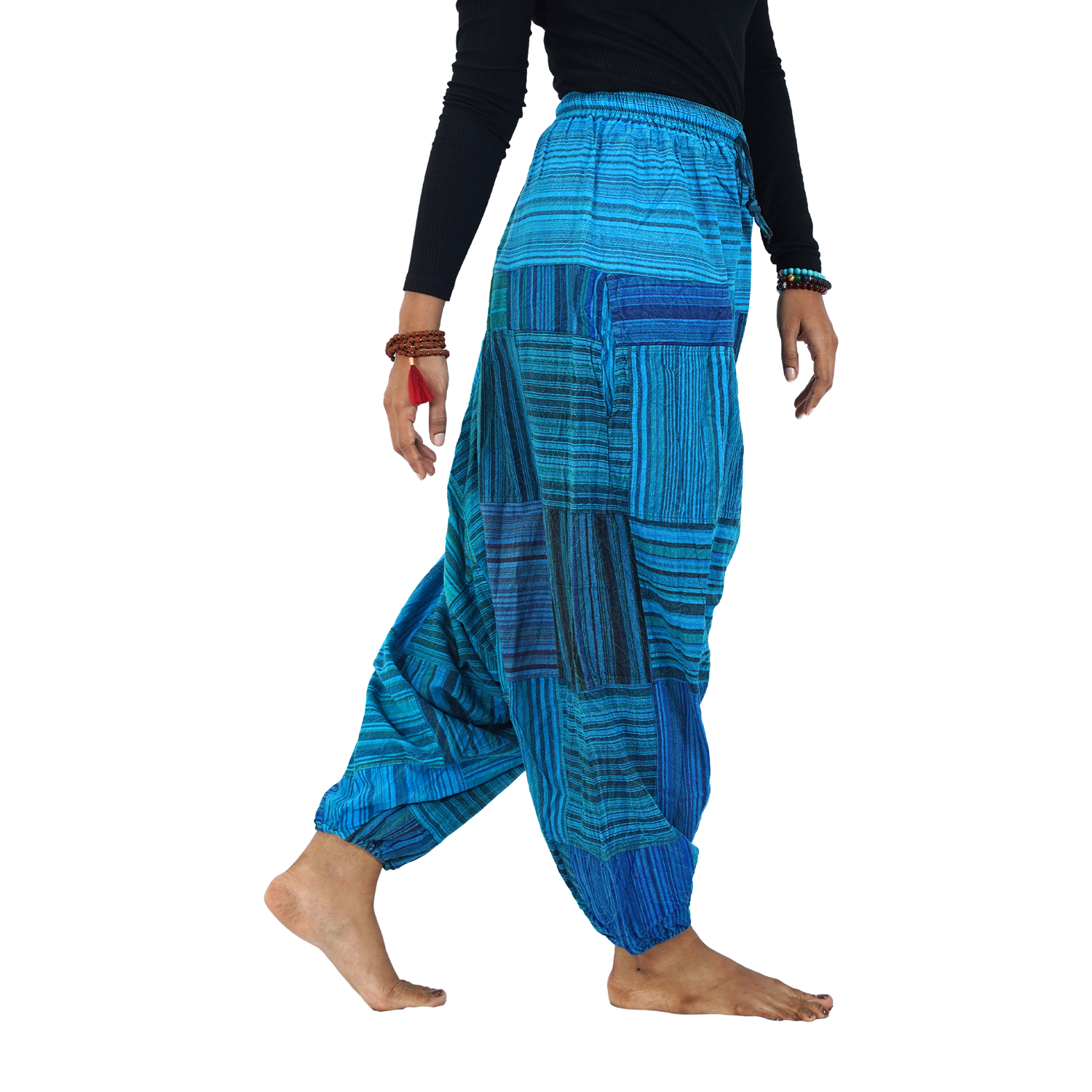 Blue with Black Stripes Classic Drop Crotch Harem Premium Patch Pant