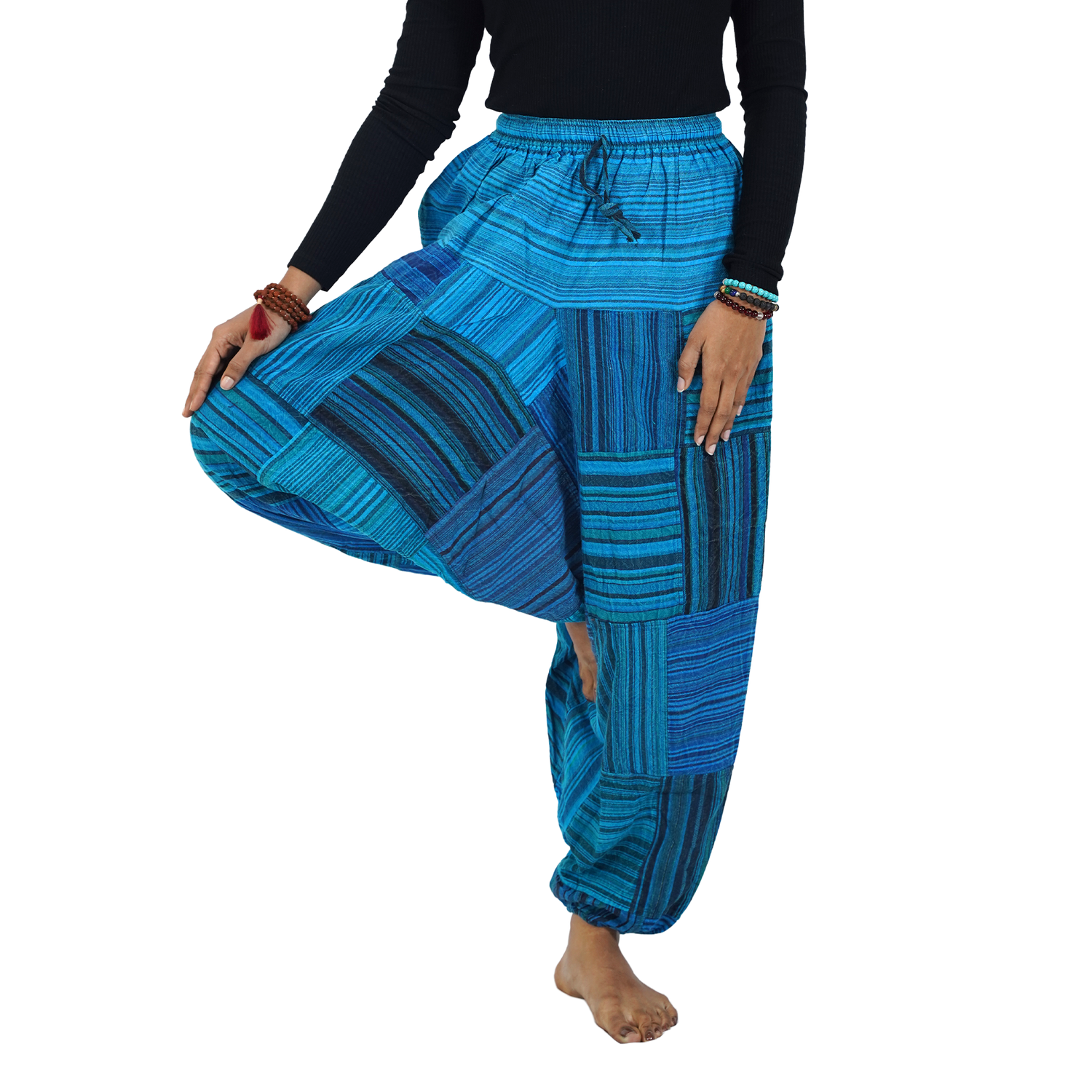 Blue with Black Stripes Classic Drop Crotch Harem Premium Patch Pant