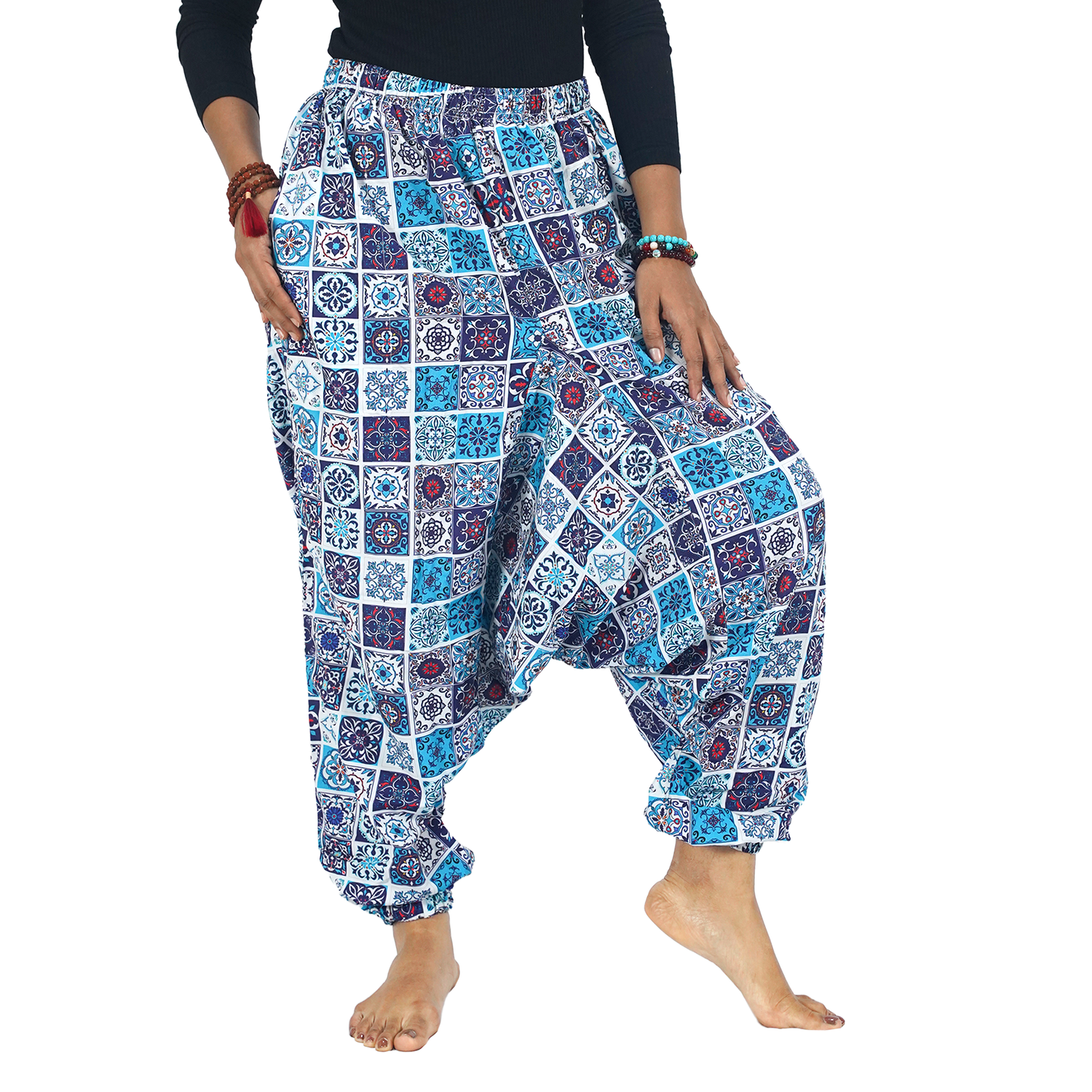 Blue Multi Square Digital Printed Drop Crotch Pants Export Quality