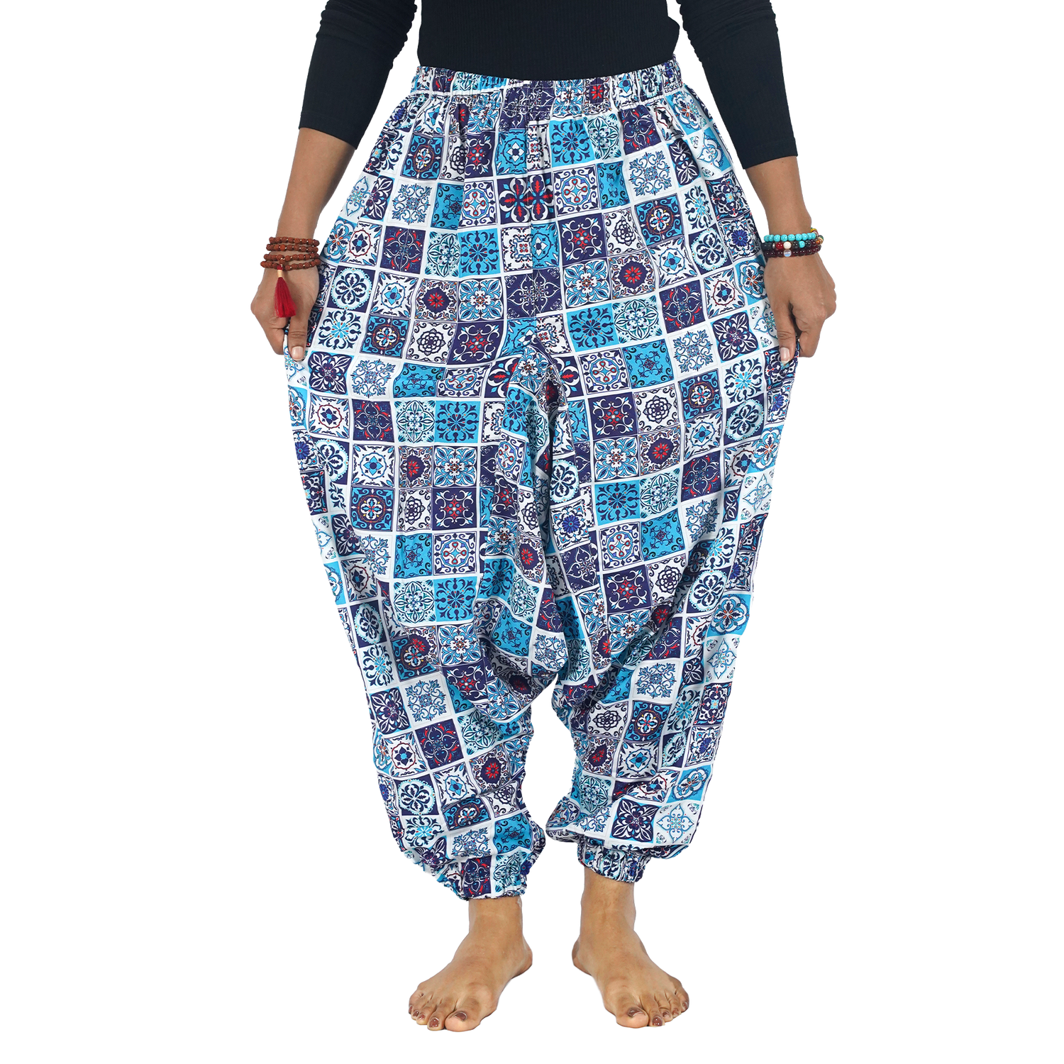 Blue Multi Square Digital Printed Drop Crotch Pants Export Quality