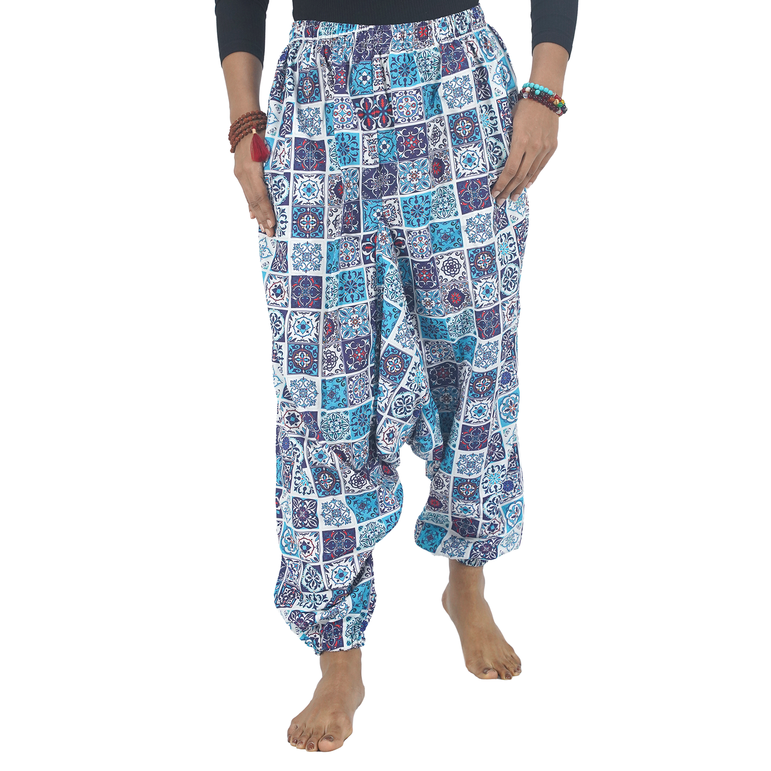 Blue Multi Square Digital Printed Drop Crotch Pants Export Quality