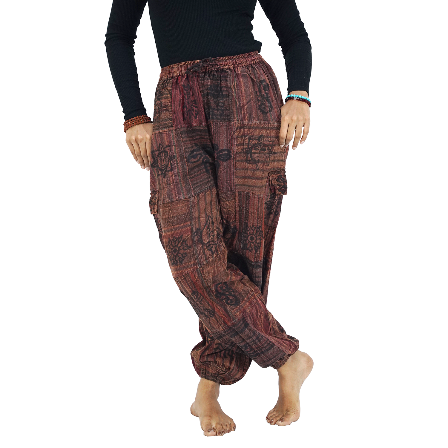 Reddish Brown Black Stripes Classic Straight Harem Premium Patchwork Pants