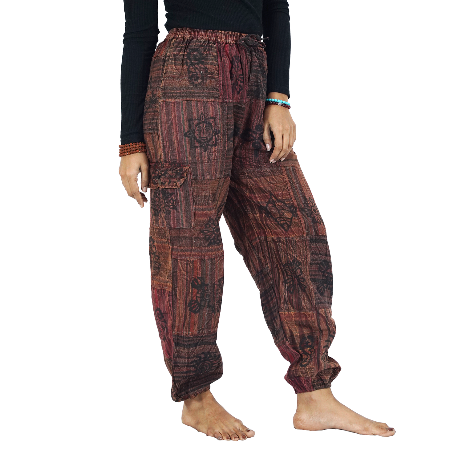 Reddish Brown Black Stripes Classic Straight Harem Premium Patchwork Pants