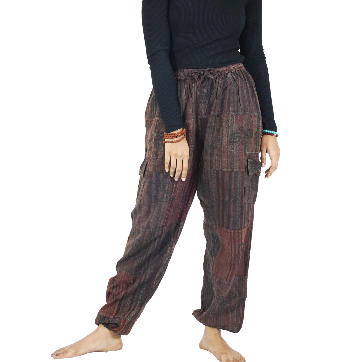 Blackish Brown Red Stripes Classic Straight Harem Premium Patchwork Pants
