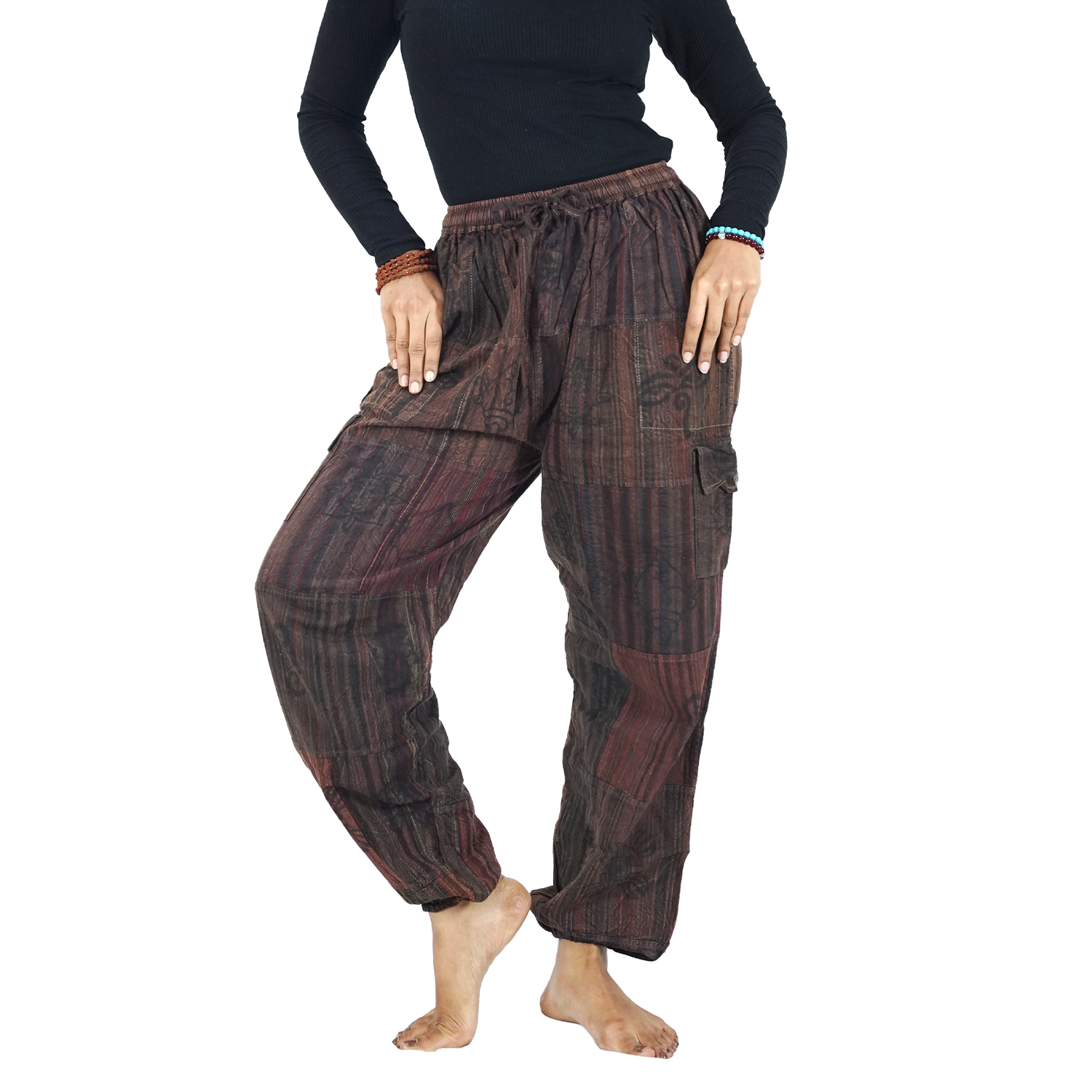 Blackish Brown Red Stripes Classic Straight Harem Premium Patchwork Pants