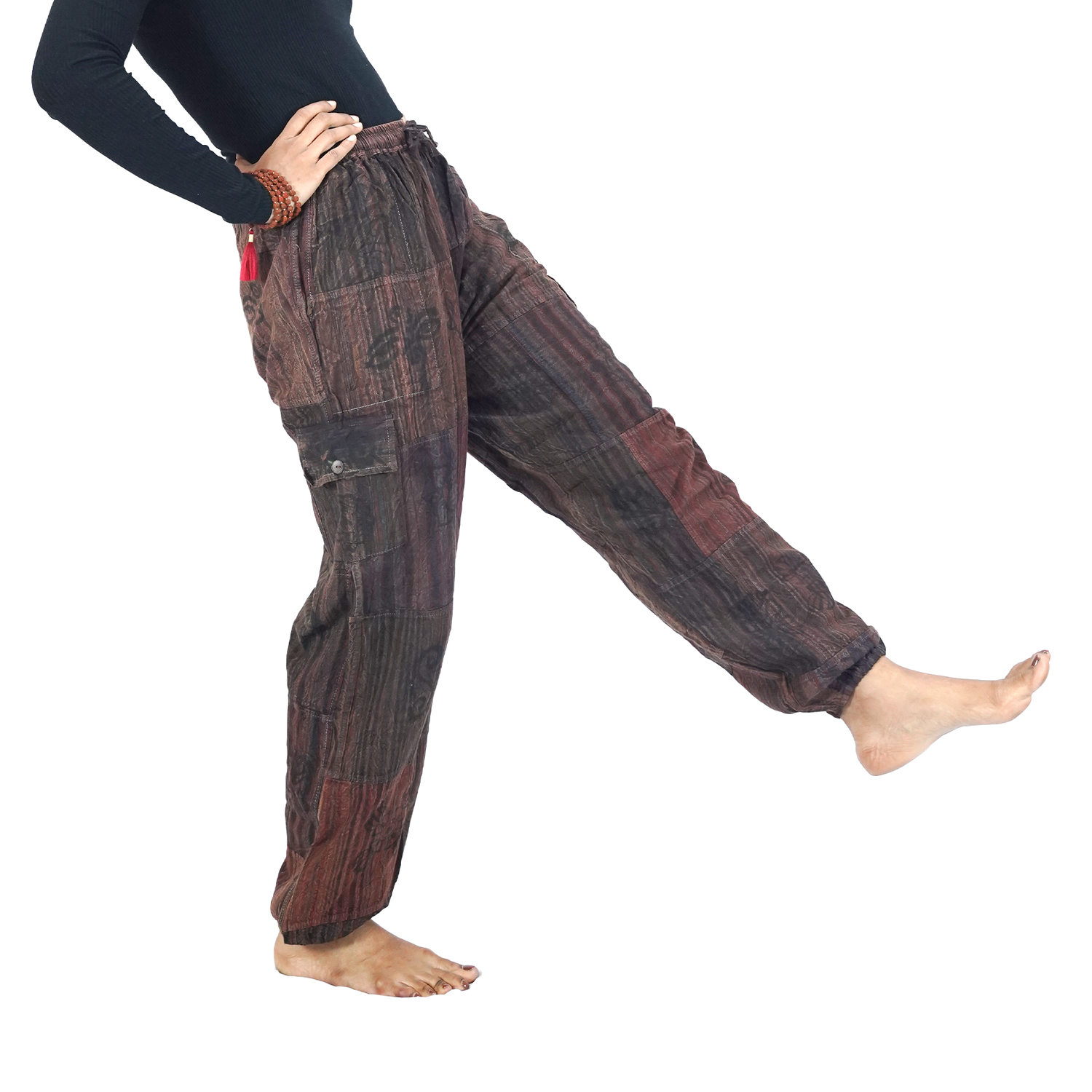Blackish Brown Red Stripes Classic Straight Harem Premium Patchwork Pants