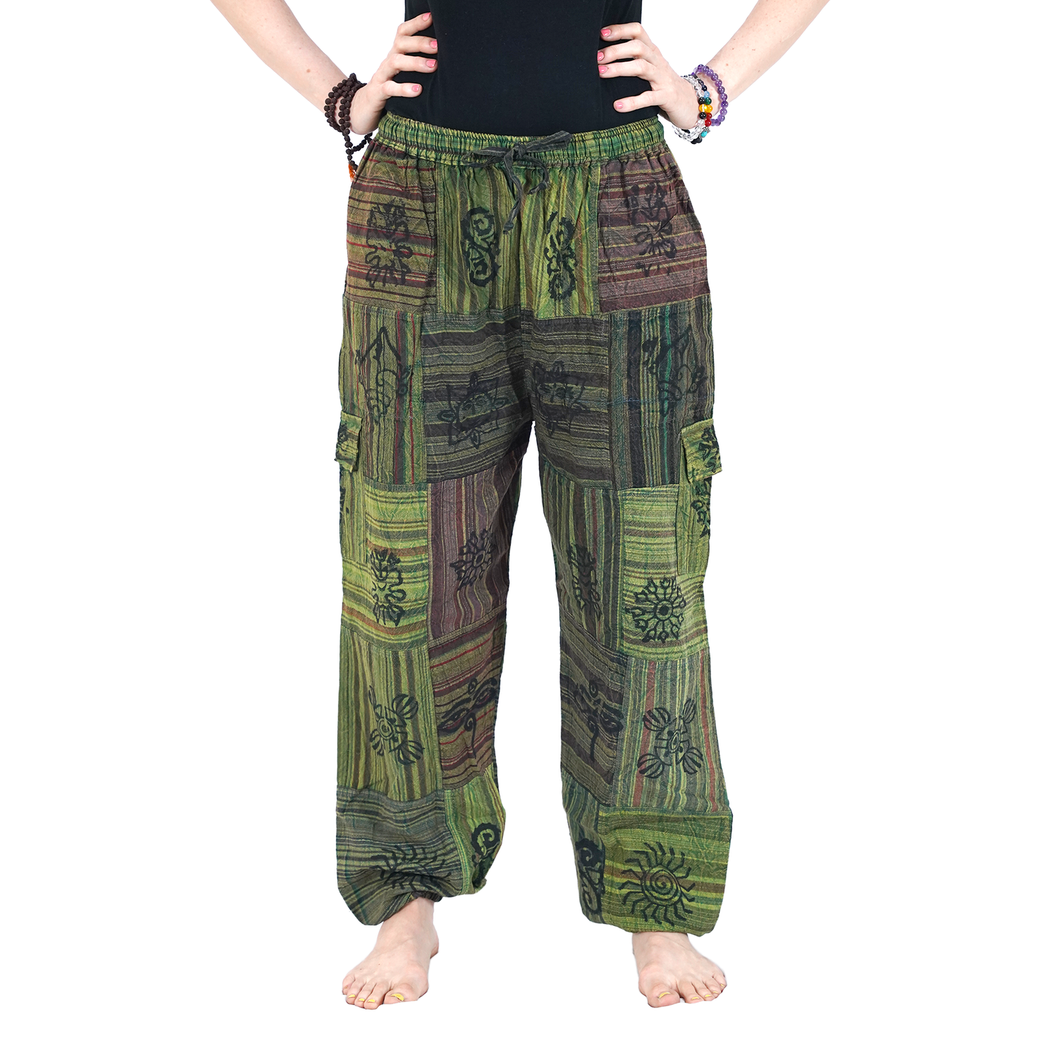 Green Black Red Stripes Classic Straight Harem Premium Patchwork Pants