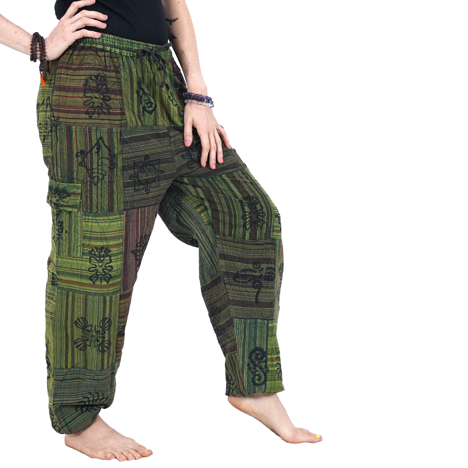 Green Black Red Stripes Classic Straight Harem Premium Patchwork Pants