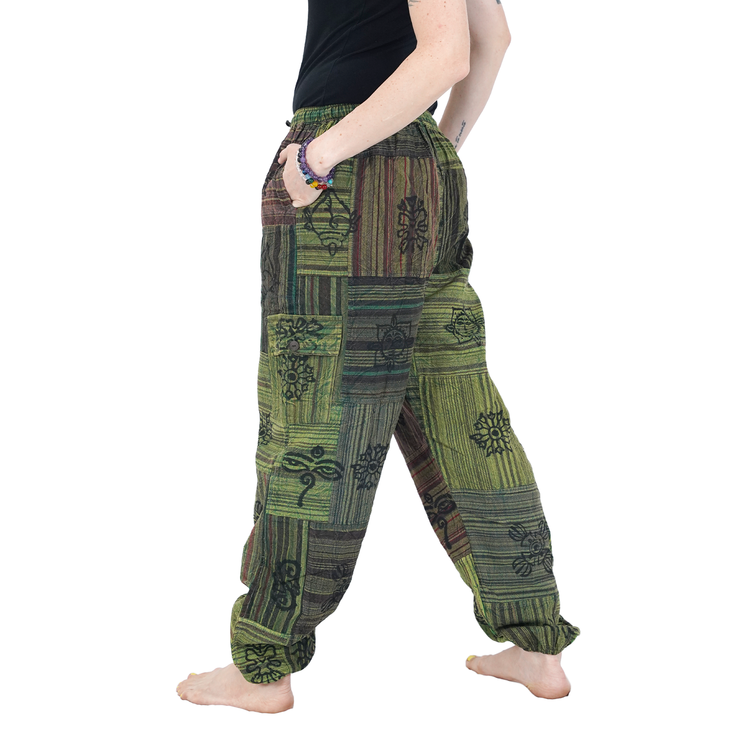 Green Black Red Stripes Classic Straight Harem Premium Patchwork Pants