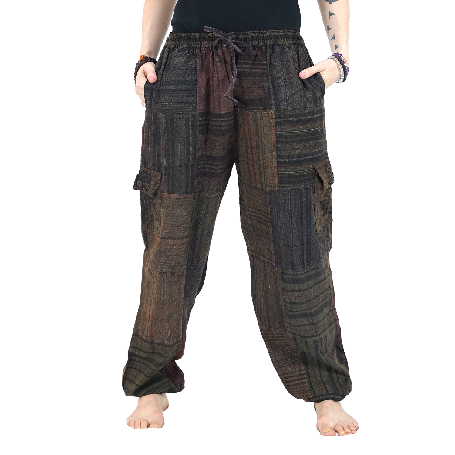 Yellowish Brown Black Stripes Classic Straight Harem Premium Patchwork Pants