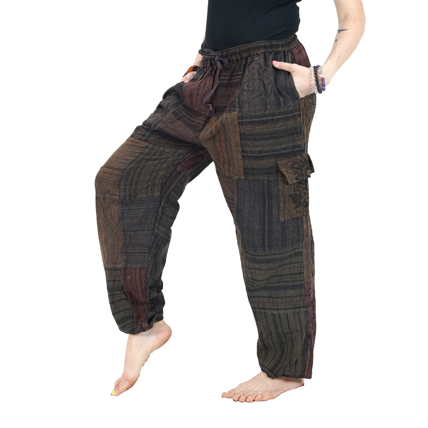 Yellowish Brown Black Stripes Classic Straight Harem Premium Patchwork Pants