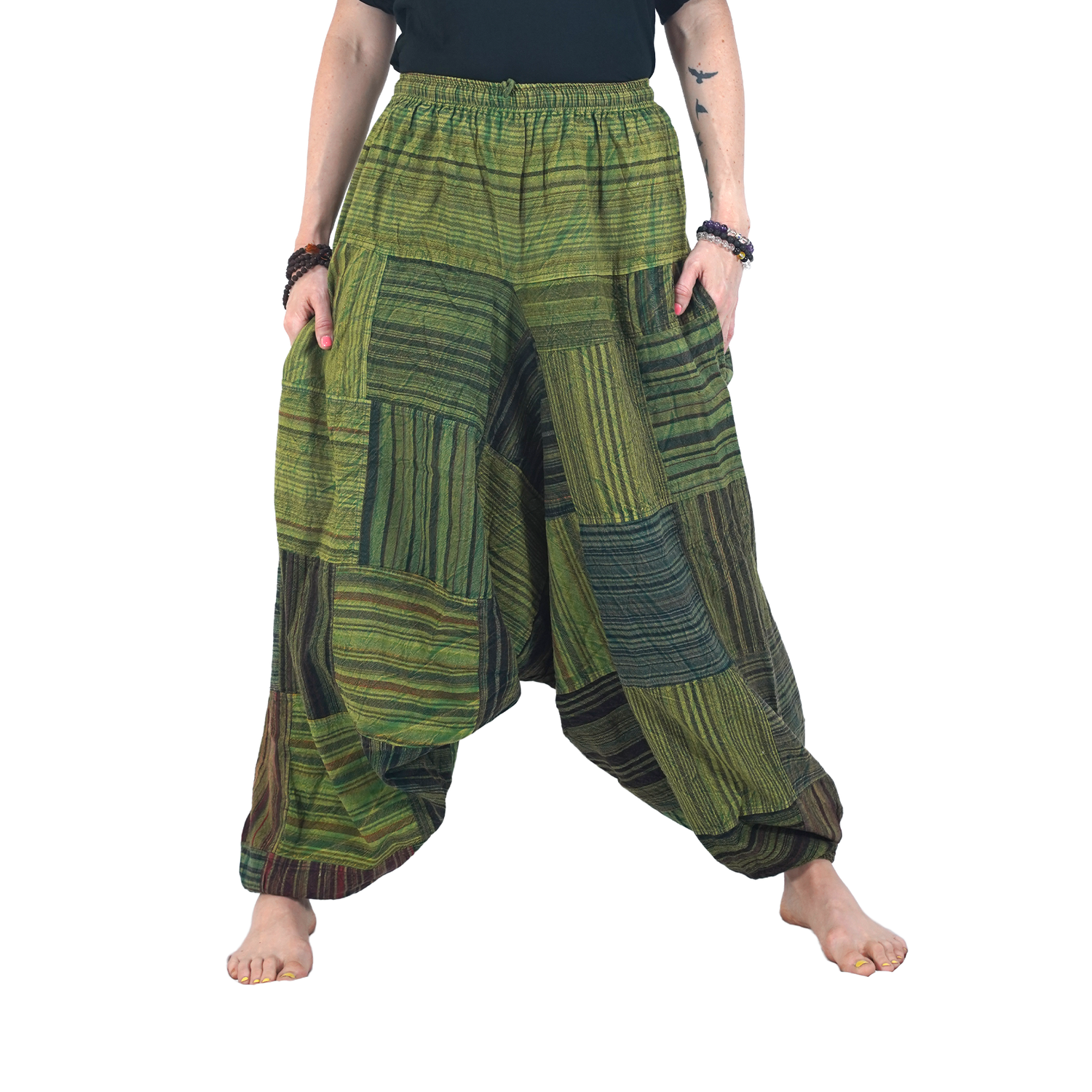 Green with Black Stripes Classic Drop Crotch Harem Premium Patch Pant