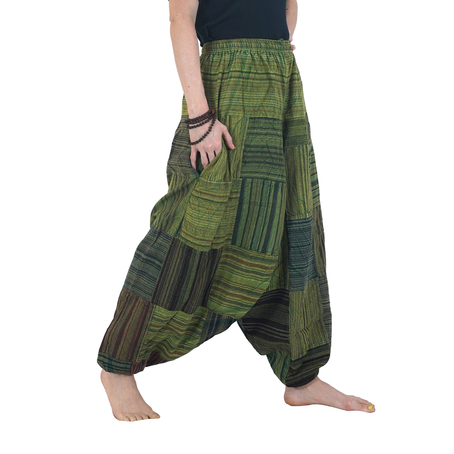 Green with Black Stripes Classic Drop Crotch Harem Premium Patch Pant