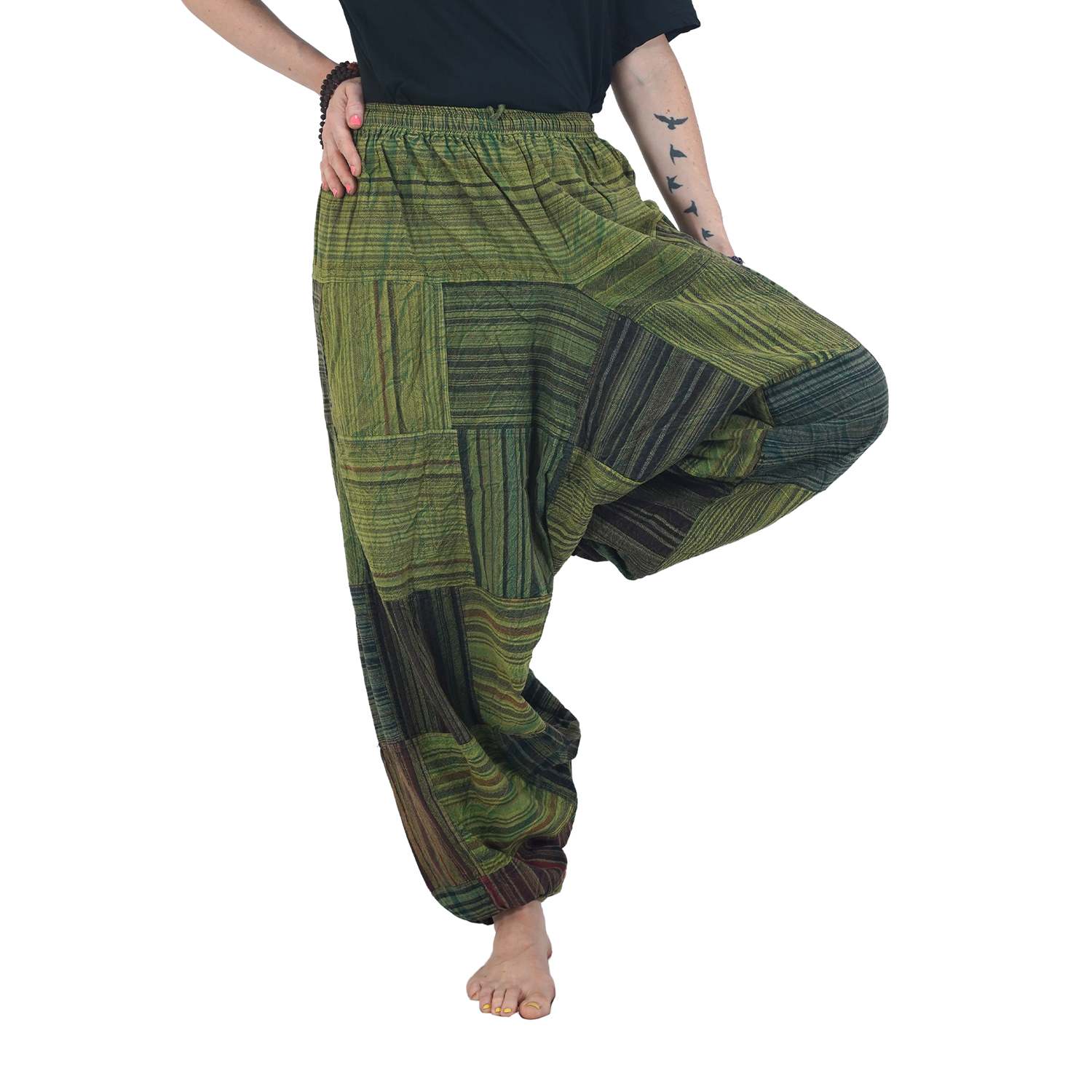 Green with Black Stripes Classic Drop Crotch Harem Premium Patch Pant
