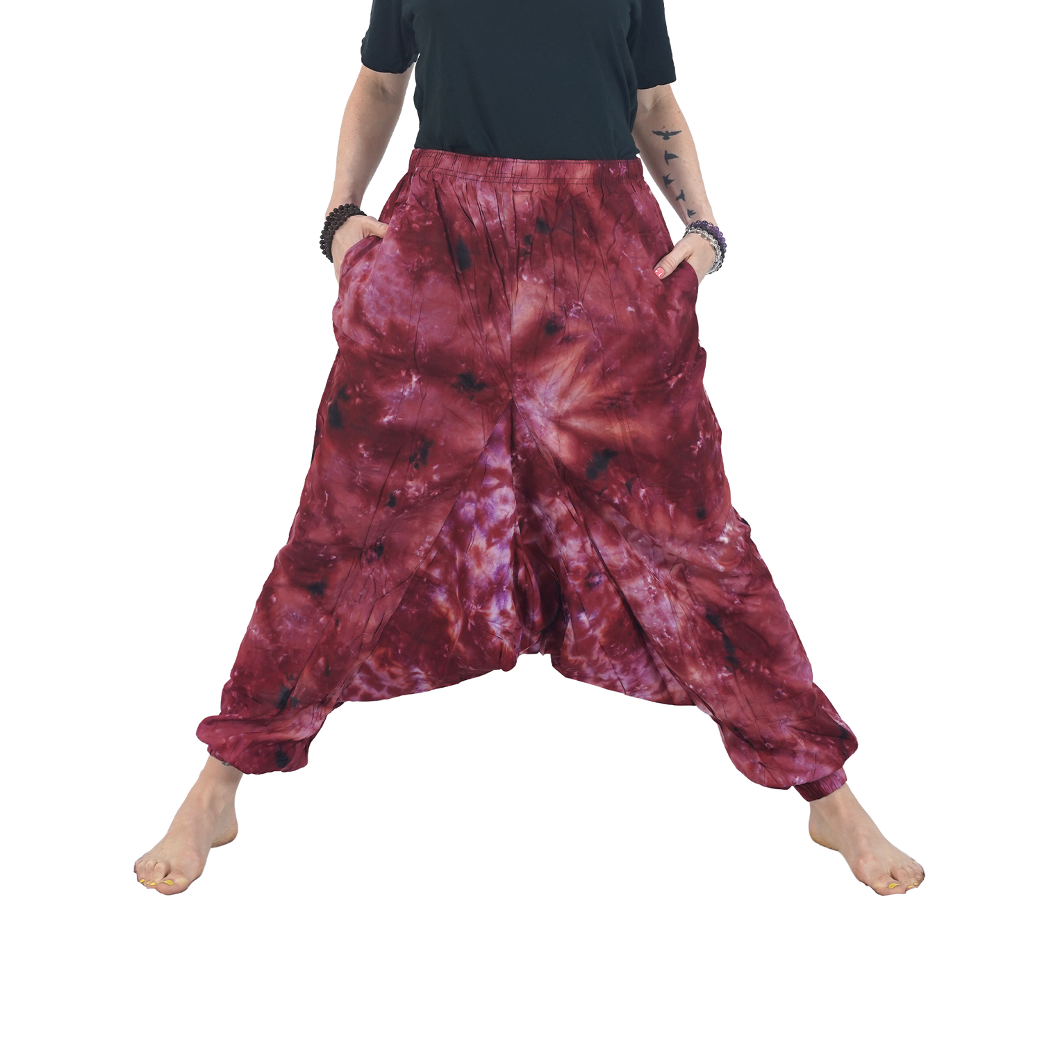Maroon Tye Dye Harem Pants Rayon Drop Crotch