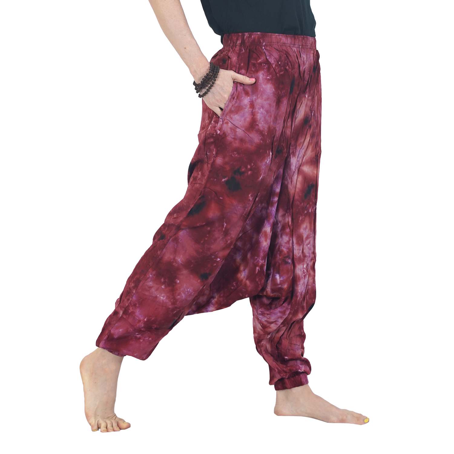 Maroon Tye Dye Harem Pants Rayon Drop Crotch