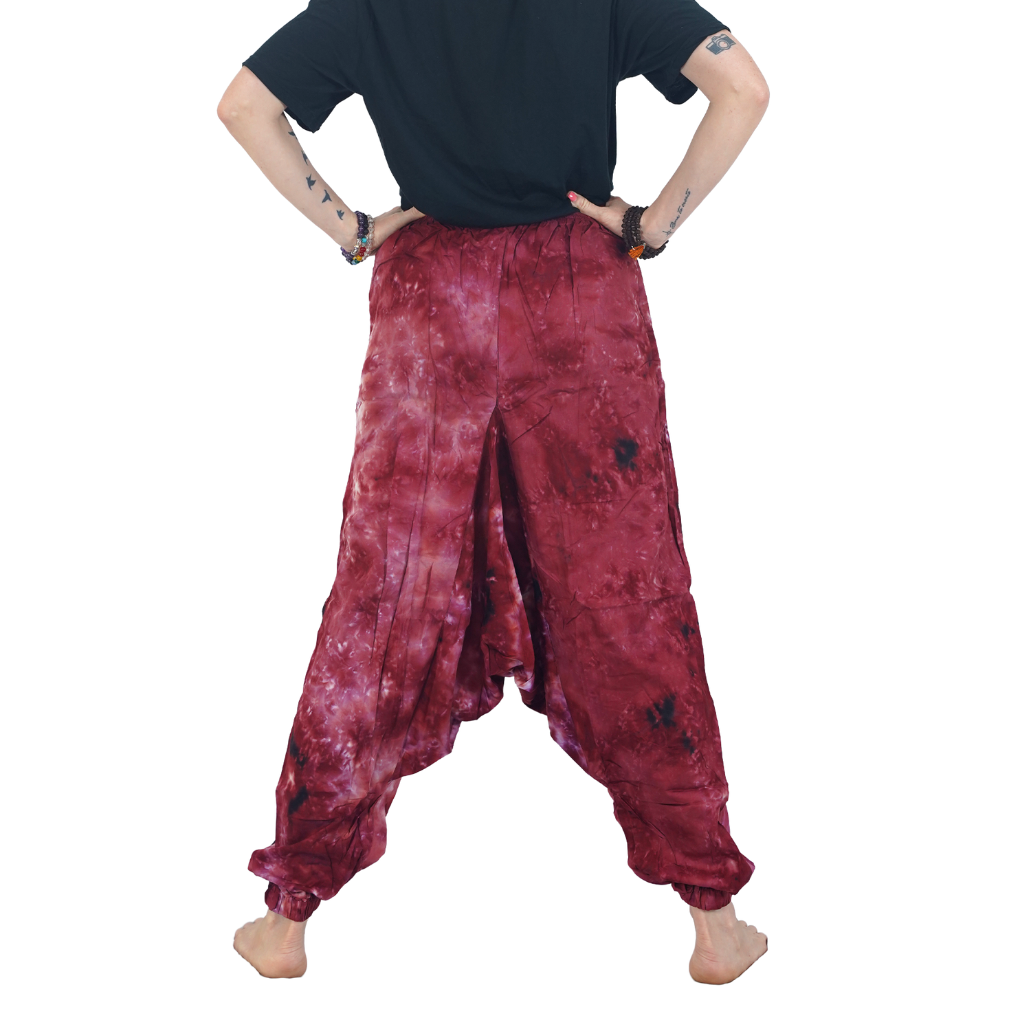 Maroon Tye Dye Harem Pants Rayon Drop Crotch