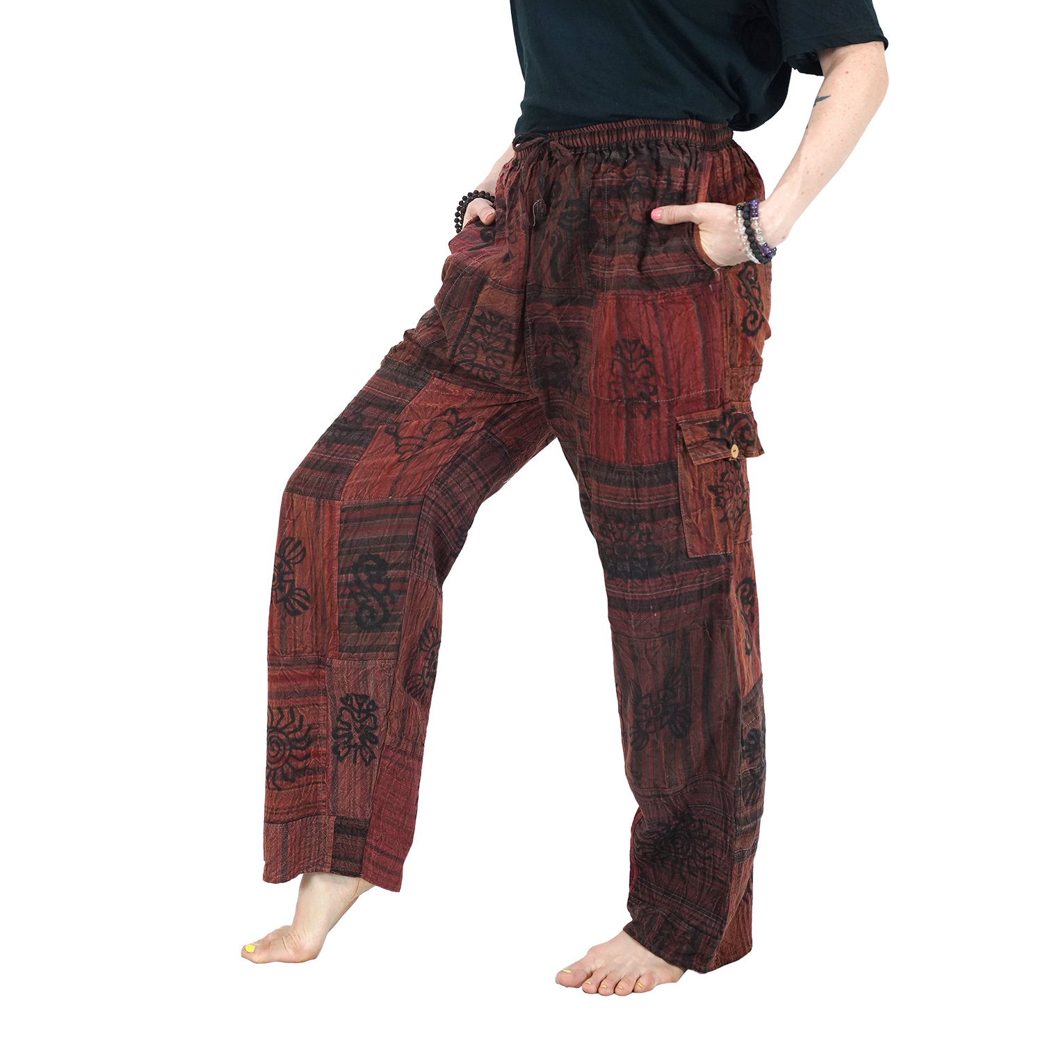 Brownish Red Black Premium Patchwork Pyjama Without Ankle Elastic