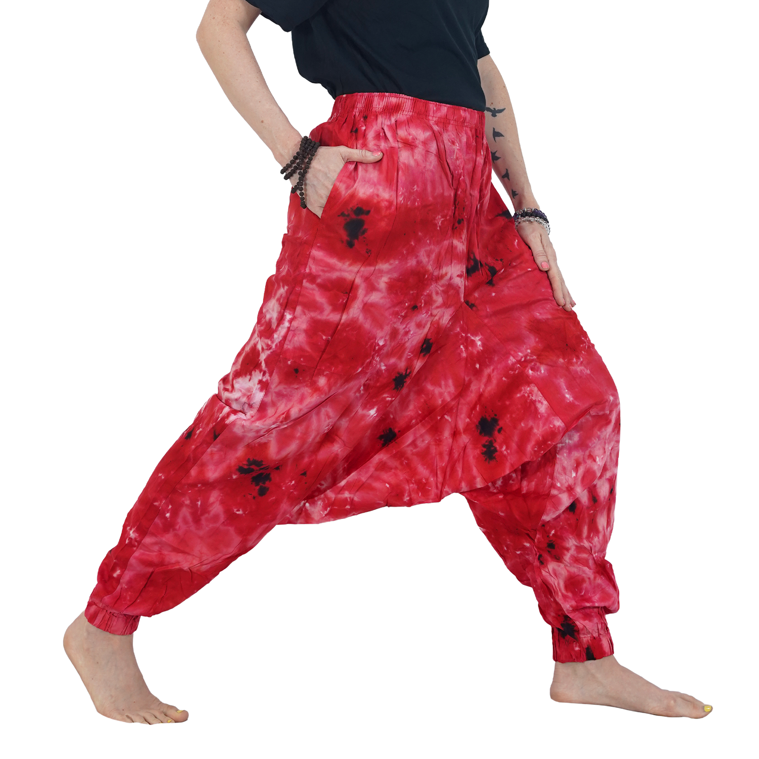 Red Tye Dye Harem Pants Rayon Drop Crotch