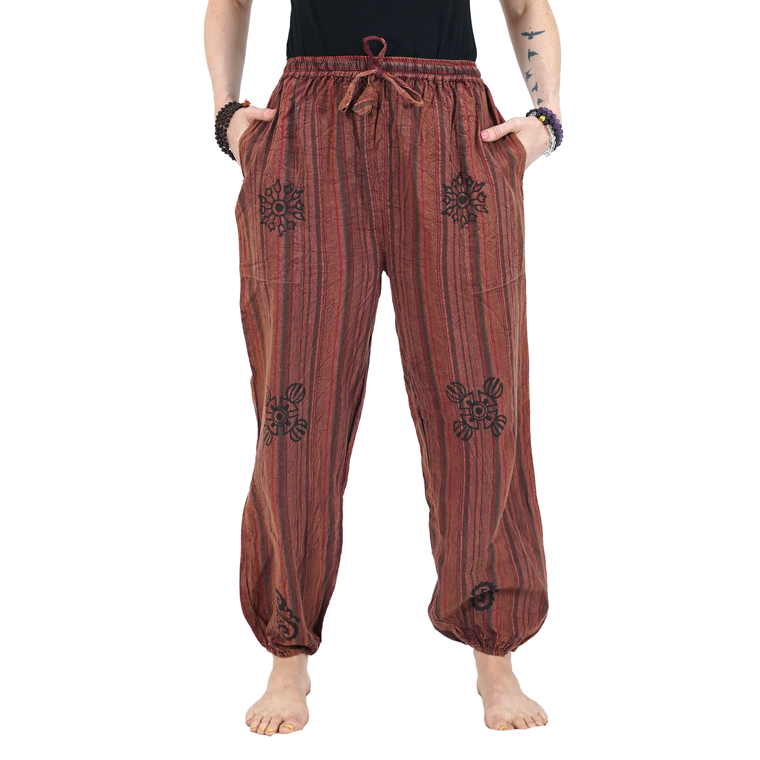 Reddish Brown Red Green Stripes 12 Block Pants