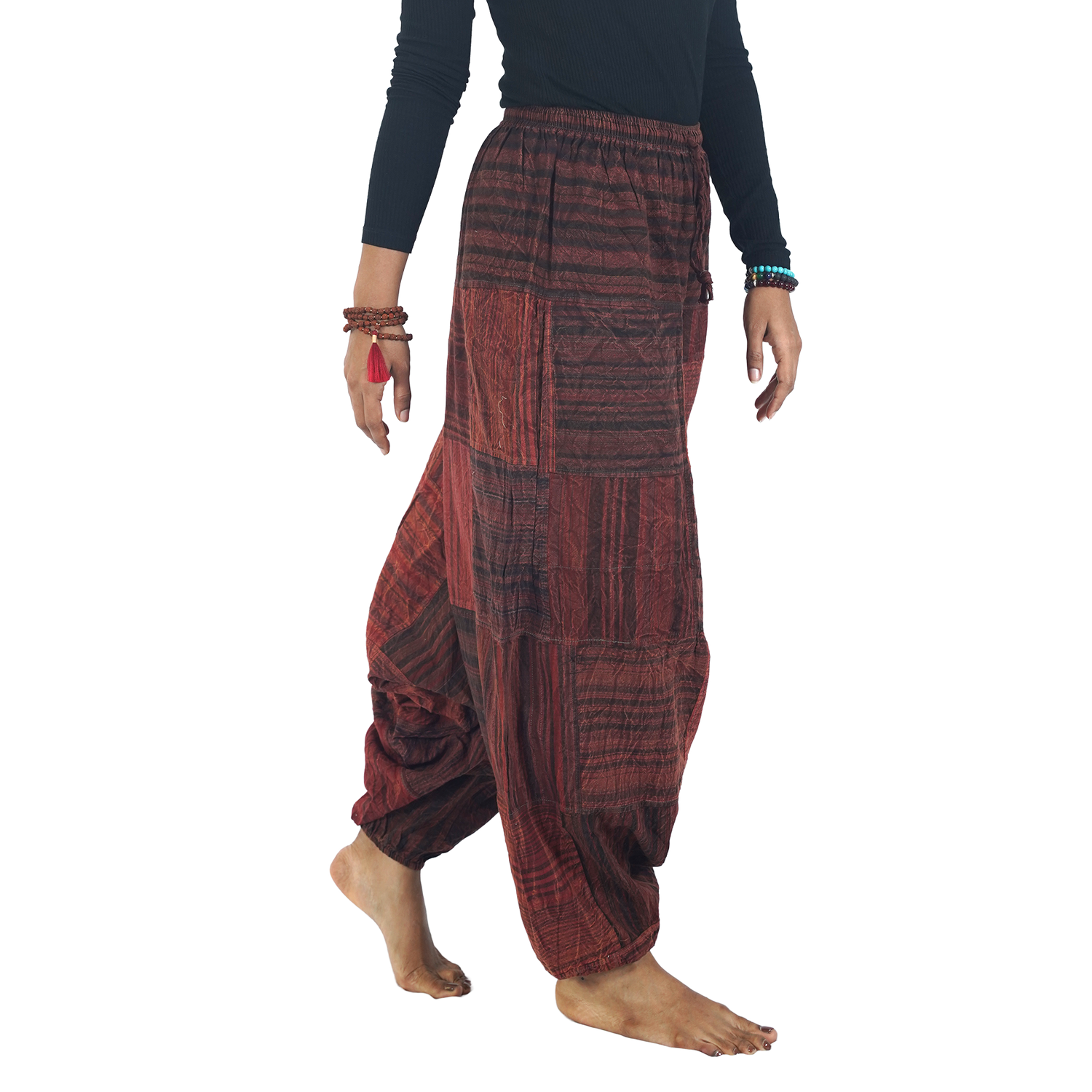 Dark Red with Black Stripes Classic Drop Crotch Harem Premium Patch Pant