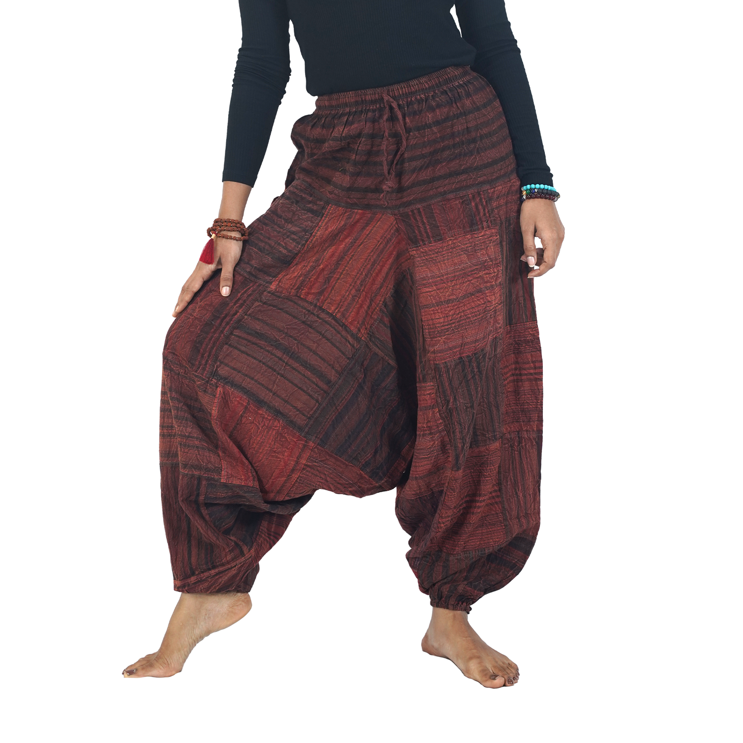 Dark Red with Black Stripes Classic Drop Crotch Harem Premium Patch Pant