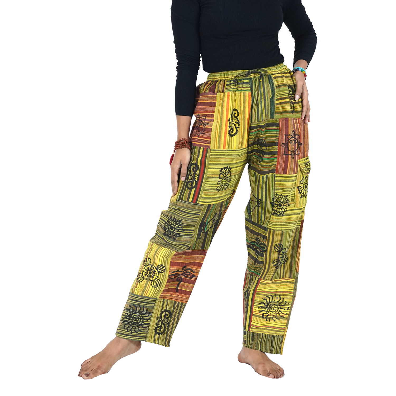 Yellow Green Stripes Premium Patchwork Pyjama Without Ankle Elastic