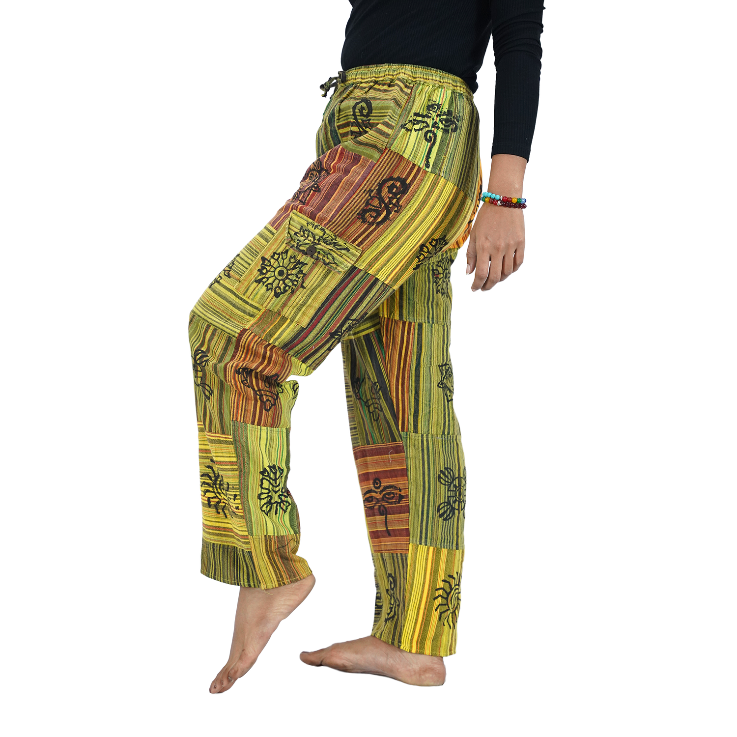 Yellow Green Stripes Premium Patchwork Pyjama Without Ankle Elastic
