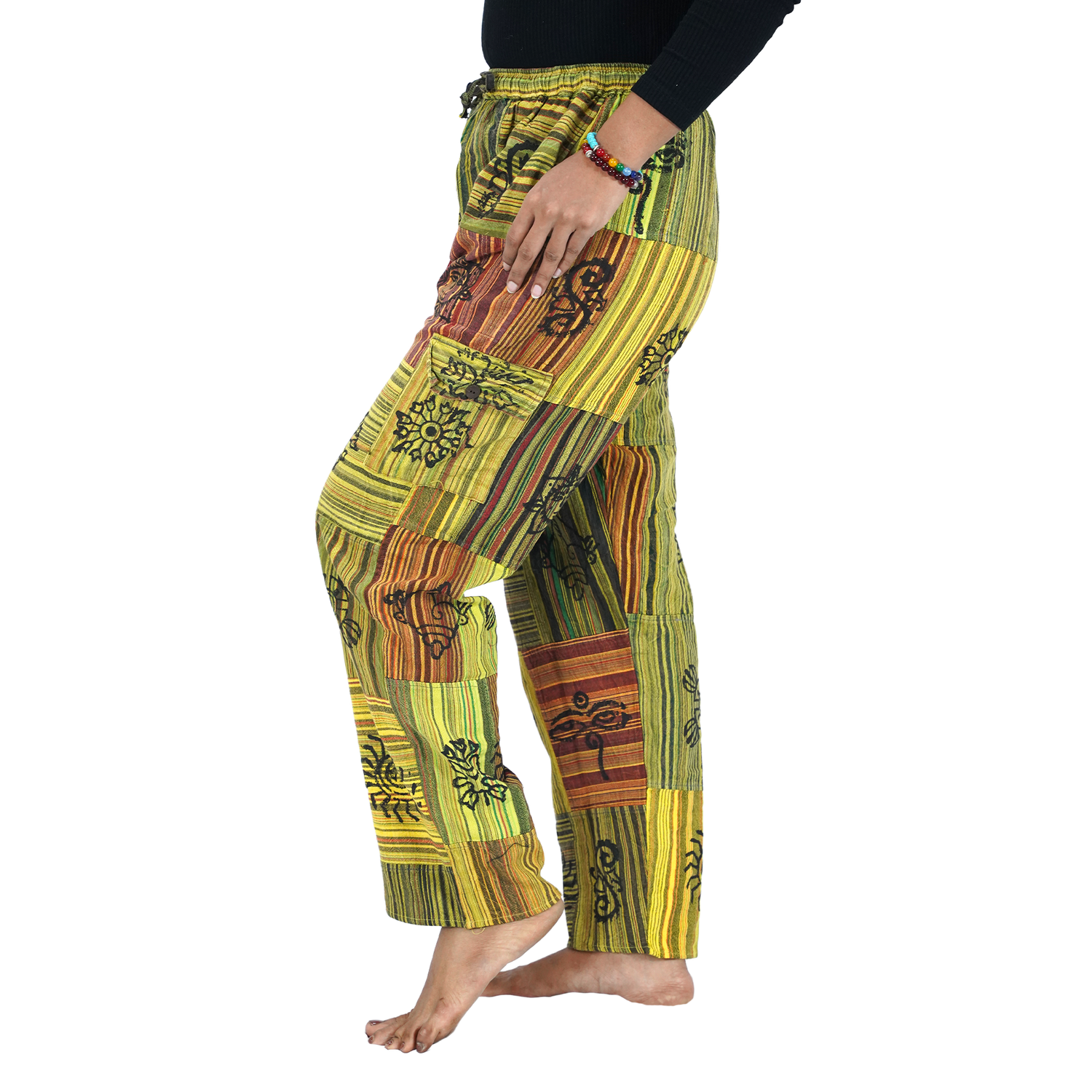 Yellow Green Stripes Premium Patchwork Pyjama Without Ankle Elastic