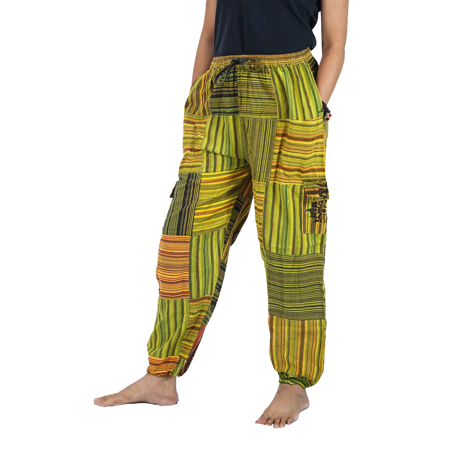Yellow Green Black Stripes Classic Straight Harem Premium Patchwork Pants