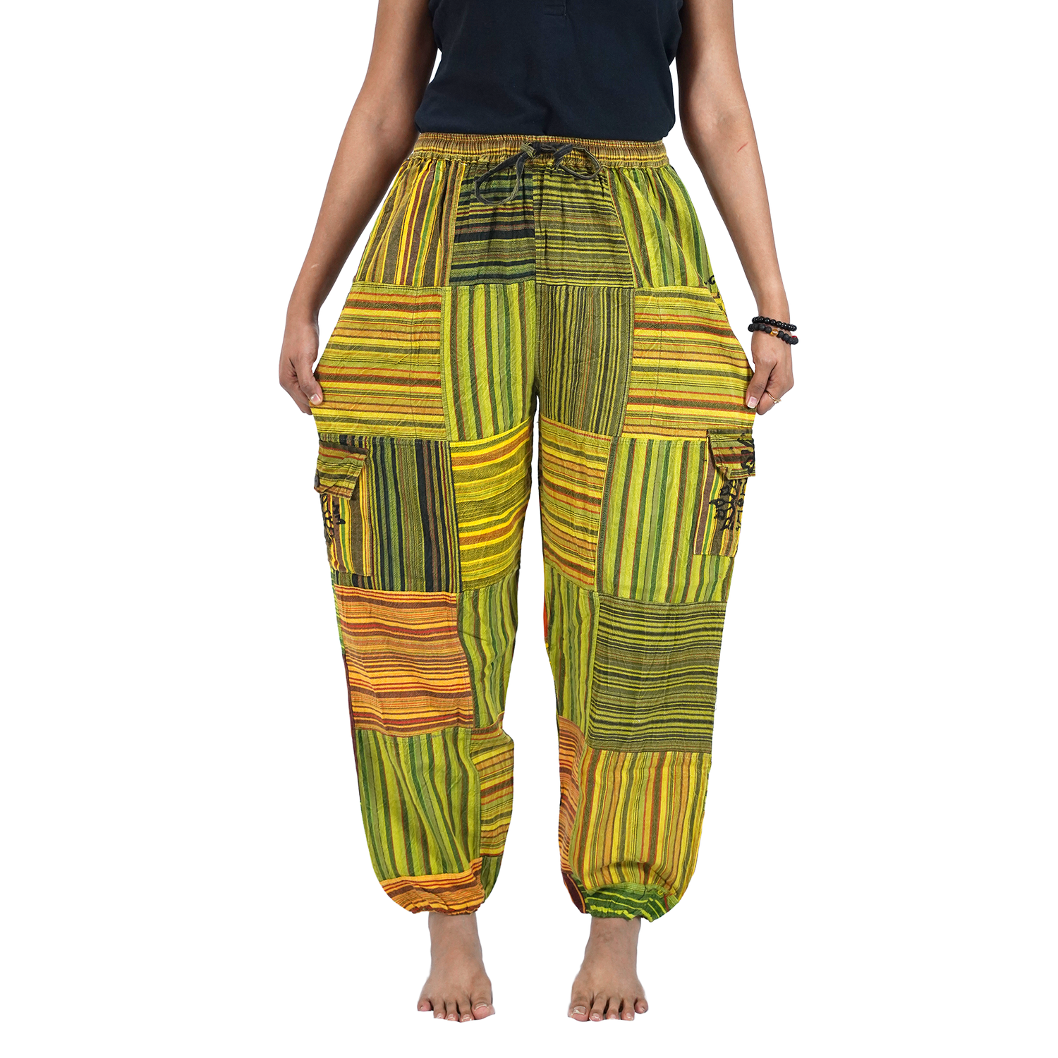 Yellow Green Black Stripes Classic Straight Harem Premium Patchwork Pants