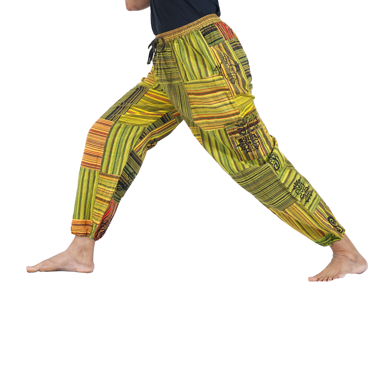 Yellow Green Black Stripes Classic Straight Harem Premium Patchwork Pants