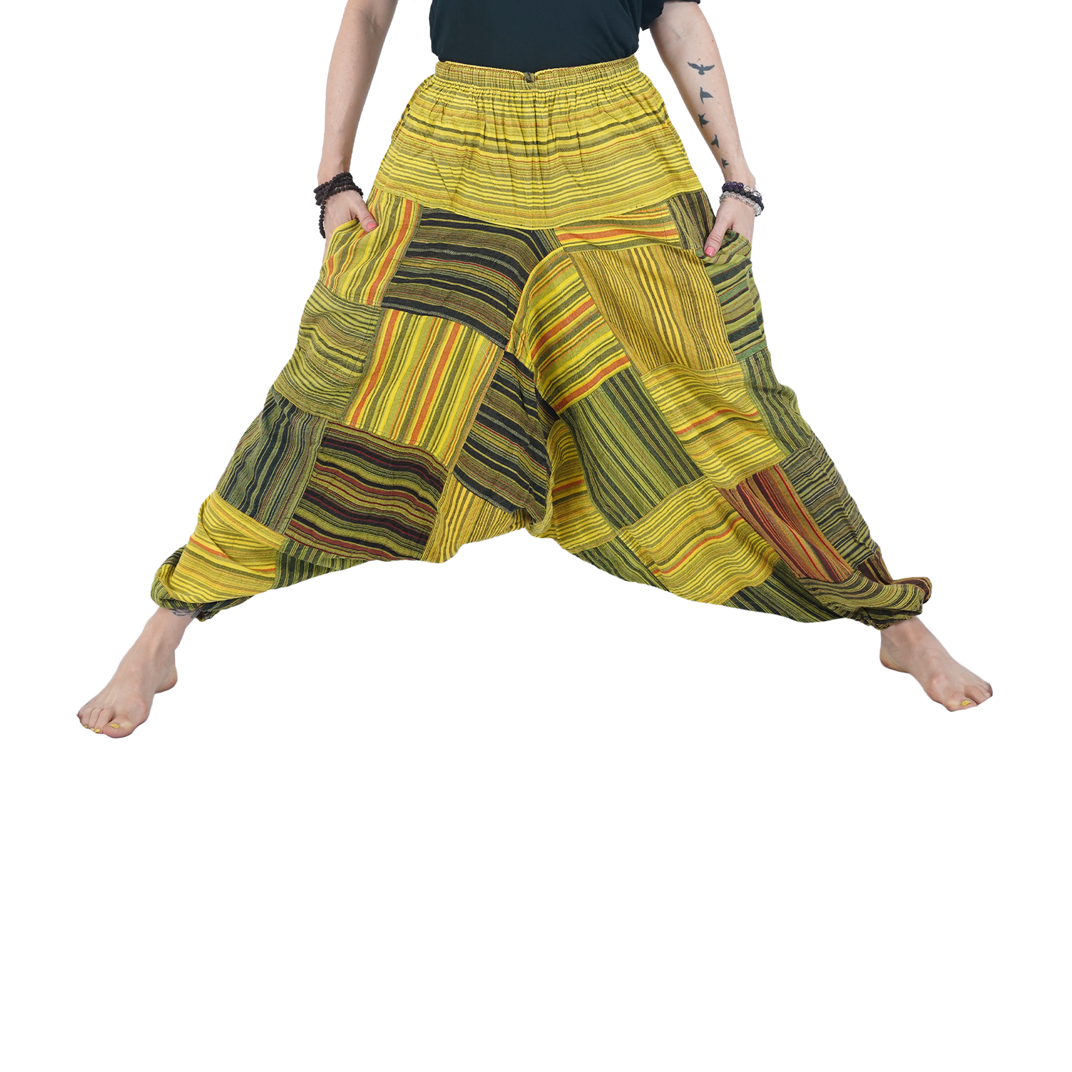 Yellow Green with Black Striped Classic Drop Crotch Harem Premium Patch Pant