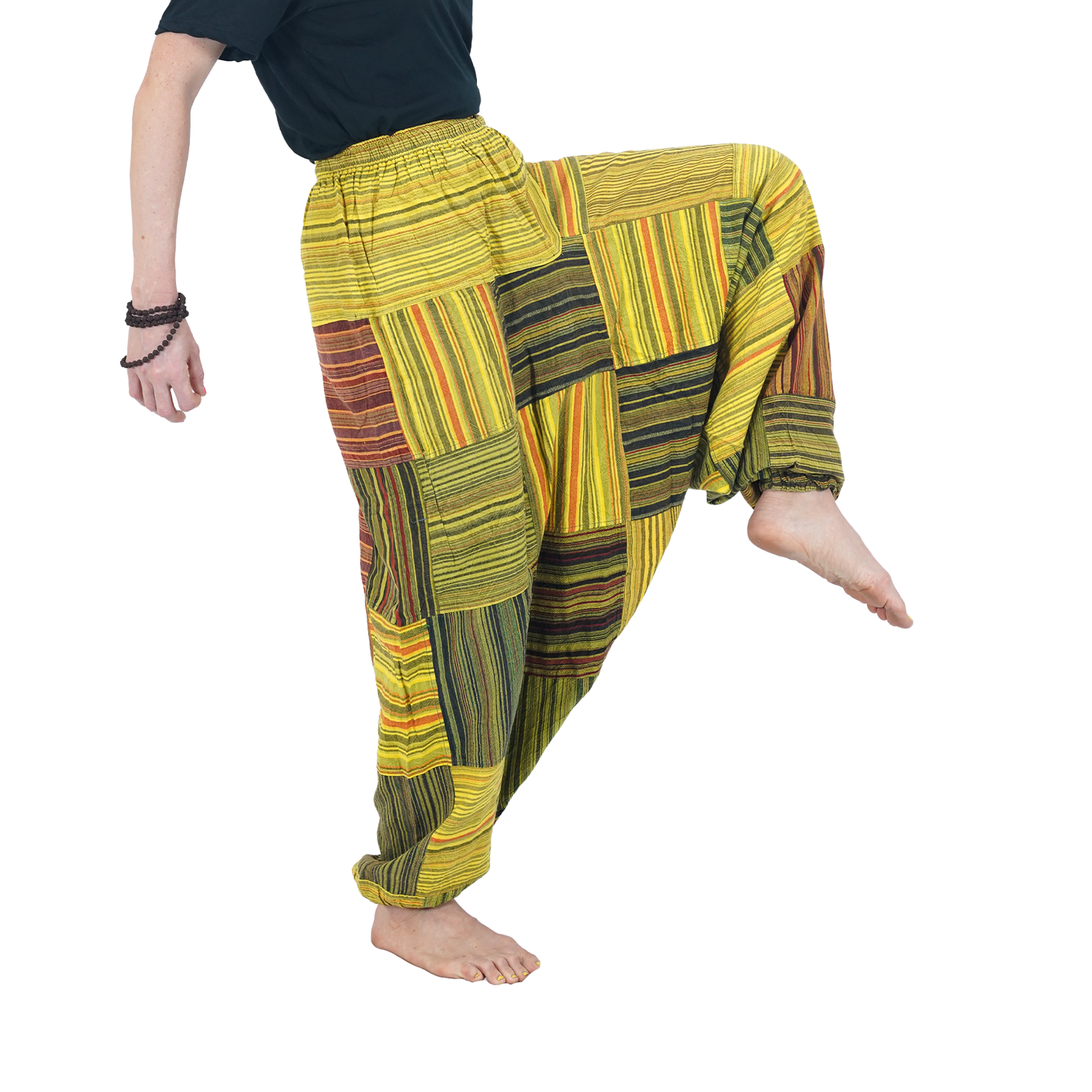 Yellow Green with Black Striped Classic Drop Crotch Harem Premium Patch Pant