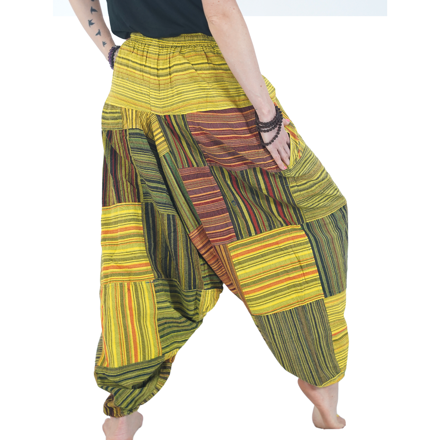 Yellow Green with Black Striped Classic Drop Crotch Harem Premium Patch Pant